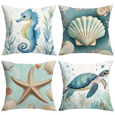 1/4pcs Coastal Throw Pillow Covers Watercolor Ocean Sea Turtle Seahorse Starfish Shell Decorative Pillowcases