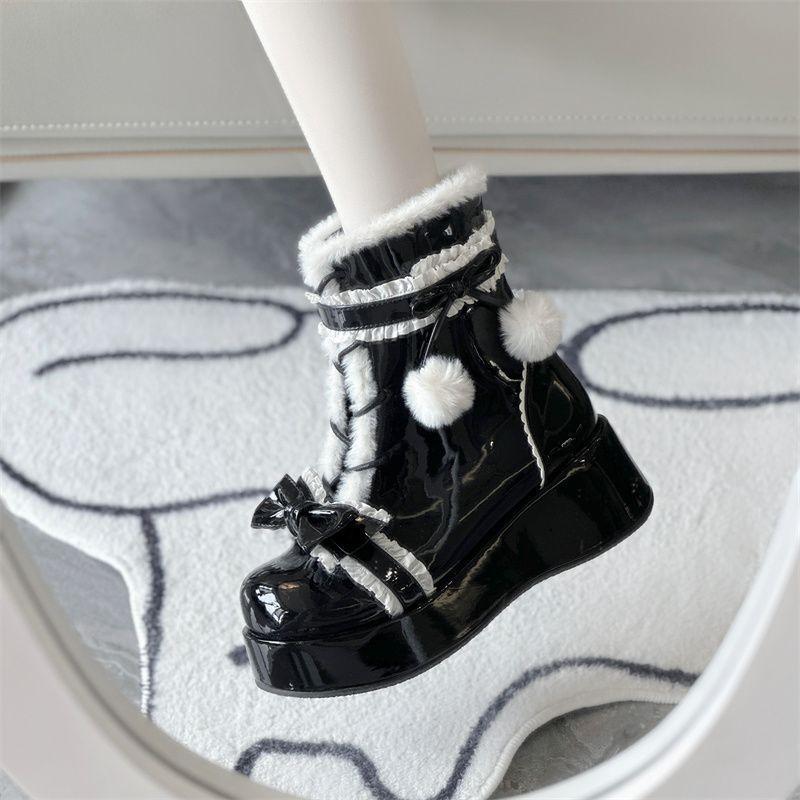 Sweet Hairball Bow Lolita Snow Boots 2025 New Thick-soled Plush Warm Cute Winter Cotton Boots