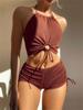 Damer Ensfargede Camis Badedrakter Undertøyssett Halter Snøring Topper Rynkede Mini Truser Casual Lingeri Bikini Sett