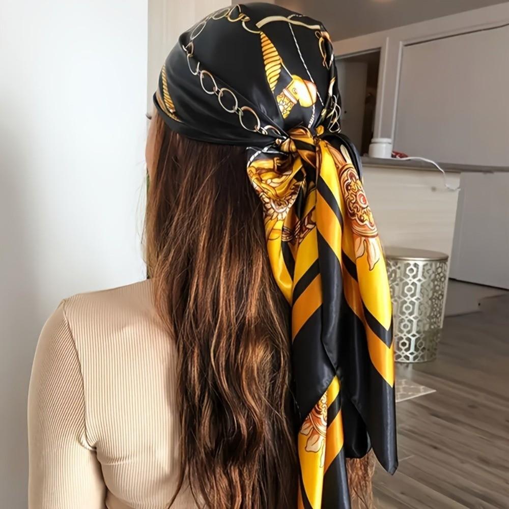 Neckerchief Elegant Head Silk Scarf Printed Large Size Satin Bandana 90cmx90cm All-match Square Hijab Ladies