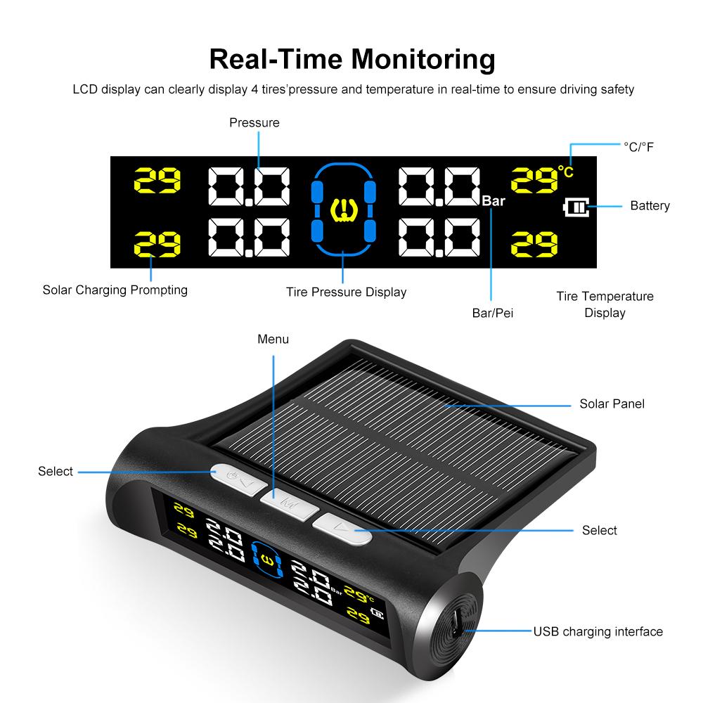 Solar Powered TPMS Car Tire Pressure Monitoring System