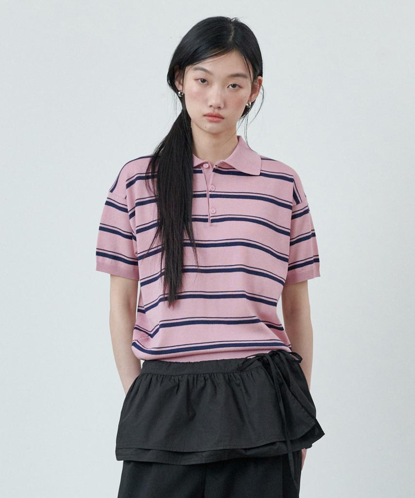 GLW [Unisex] Striped Collar Half Knit Pink
