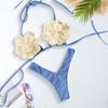 2Pcs/Set Summer Bikini Set Adjustable Drawstring Lace-Up Halter Neck 3D Flower Bra Low-rise