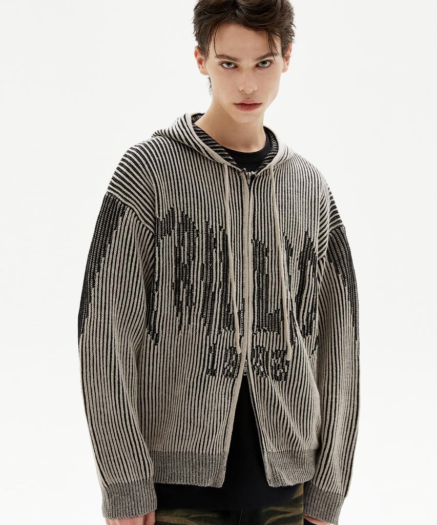 TRILLION Washable Two-Tone Hooded Zip-Up Graphic Knit (Beige)
