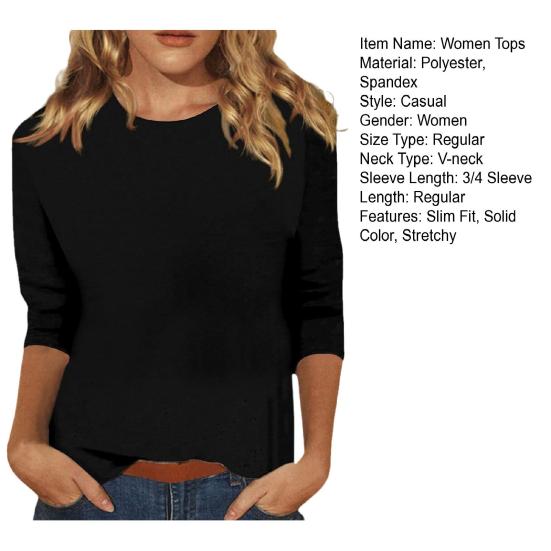 Women Casual T-shirt O-neck Sleeve Pullover Tops Solid Color Slim Fit Tunic Tops Stretchy Tee Shirt Streetwear