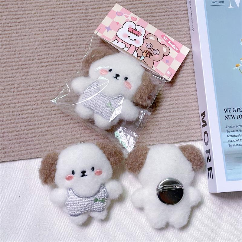 Cartoon Puppy Squeaking Plush Pendant Keychain with Bone, Creative Brooch, and Hair Accessories