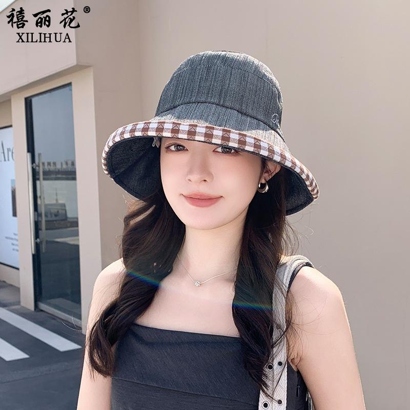 Summer new-style plaid bow sun-protective fisherman hat for women-versatile, face-slimming bucket hat, UV-proof, available