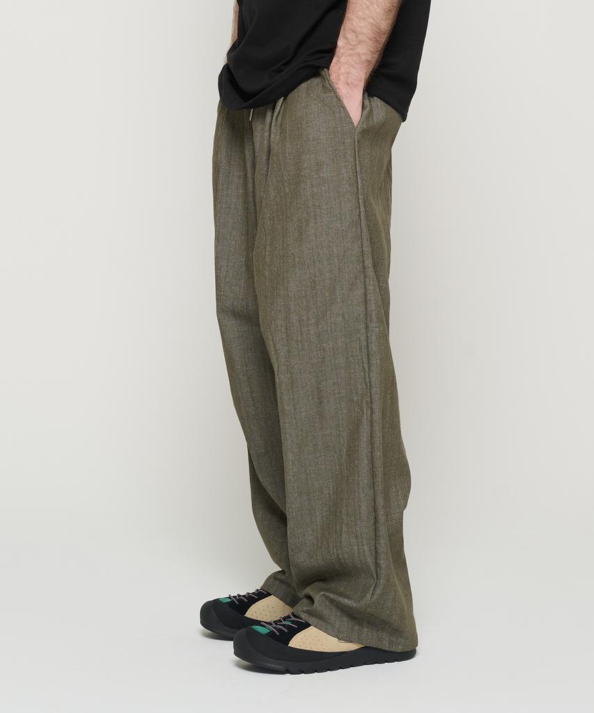 CARGOBROS Double-Pleat Linen Wide Elastic Pants (Khaki)