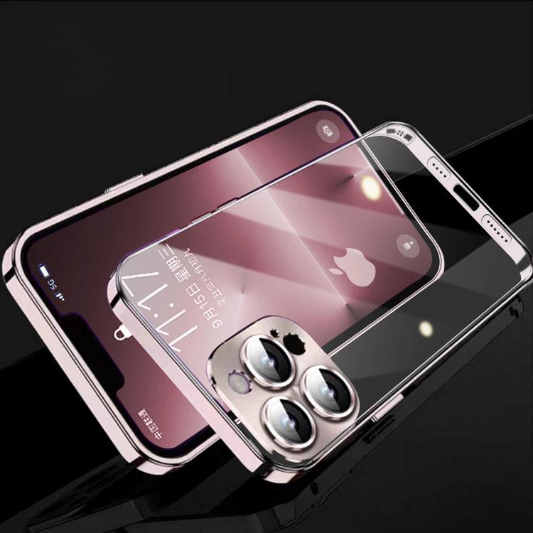 Capa de telefone de armação de metal de luxo para iPhone 14 13 12 Pro Max, capa de vidro com lente completa, capa traseira transparente