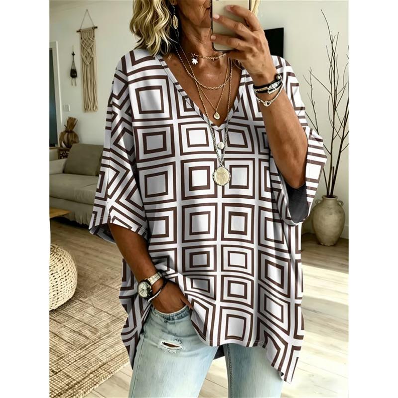 Plus-Size Women's V-Neck Batwing Sleeve T-Shirt Bohemian Ethnic Print Loose Top Summer Comfortable Breathable Daily Commute Casual Slimming Style