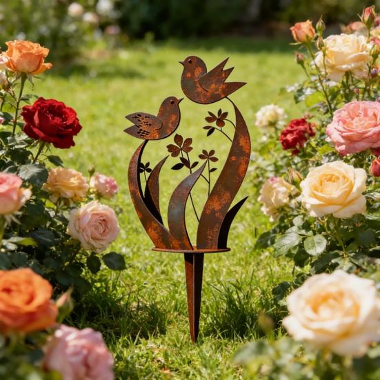 Yousheng Bird Wildflower Metal Garden Stake Decoration Weather-proof Outdoor Yard Lawn Patio Pathway Rusty Iron Floral Bird Stake Ornament
