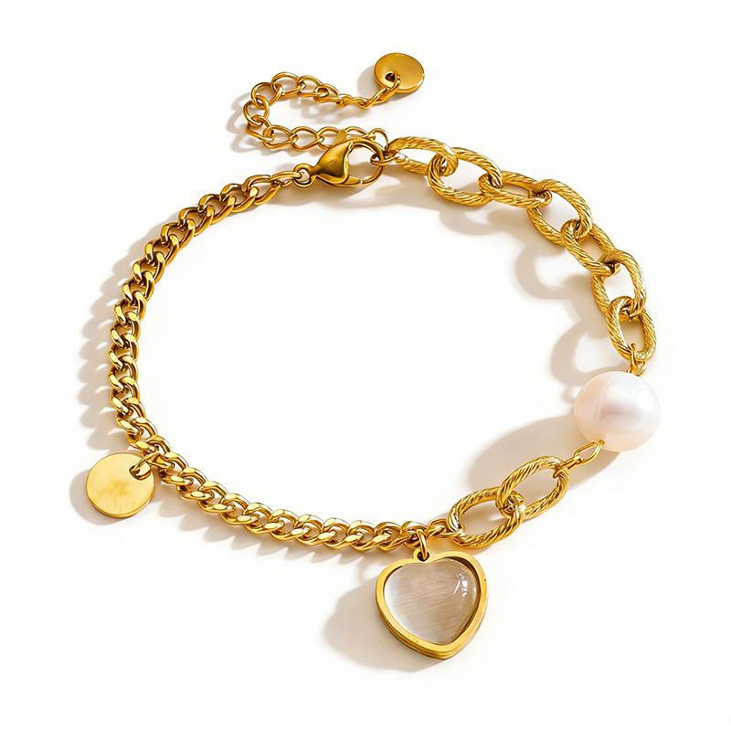 Titanium Steel Vintage Cat's Eye Stone Bracelet, Heart-shaped Pearl Bracelet, Jewelry Accessory