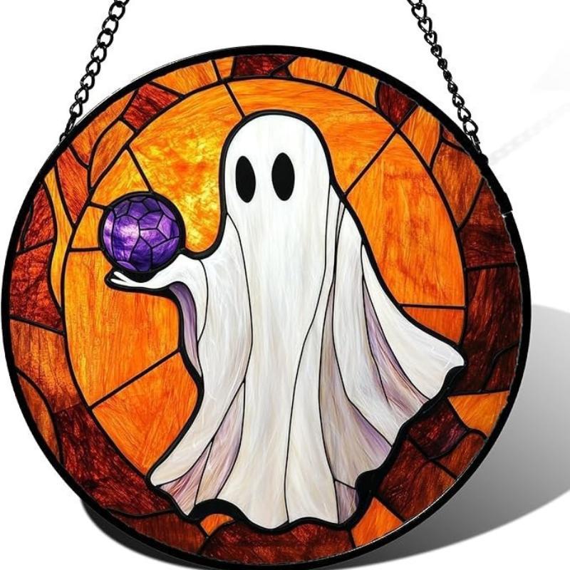 Stained Glass Halloween Pumpkin Suncatcher Cute Ghost Design For Halloween Party Window Hanging Decor