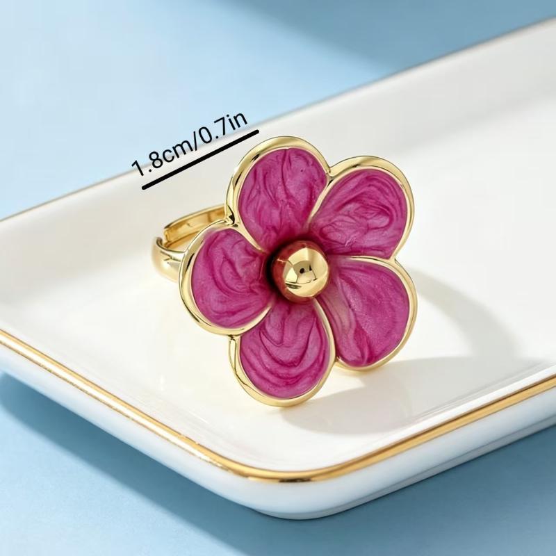 Gold Plated Colorful Enamel Flower Ring Dainty Unique Floral Pattern Adjustable for Girls Daily Vacation Wear Jewelry Gift