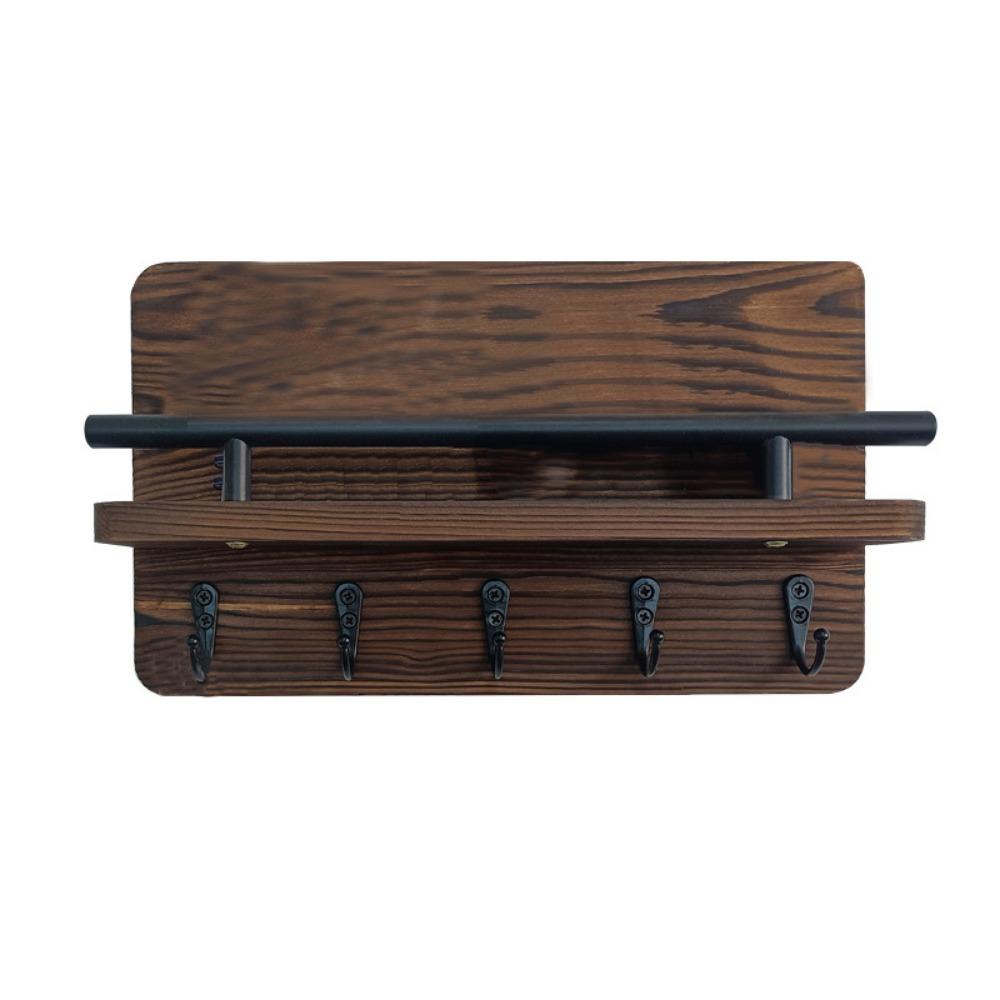 Retro Wooden Key Holder Floating Shelf Wall Mounted Wall Hat Hanger Decorative Hook with 5 Hooks Clothes Storage Rack Home Decor