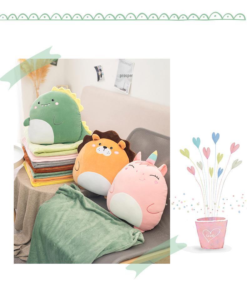 Cute Cartoon Lion & Dinosaur 2-in-1 Pillow Blanket for Car, Office, or Nap