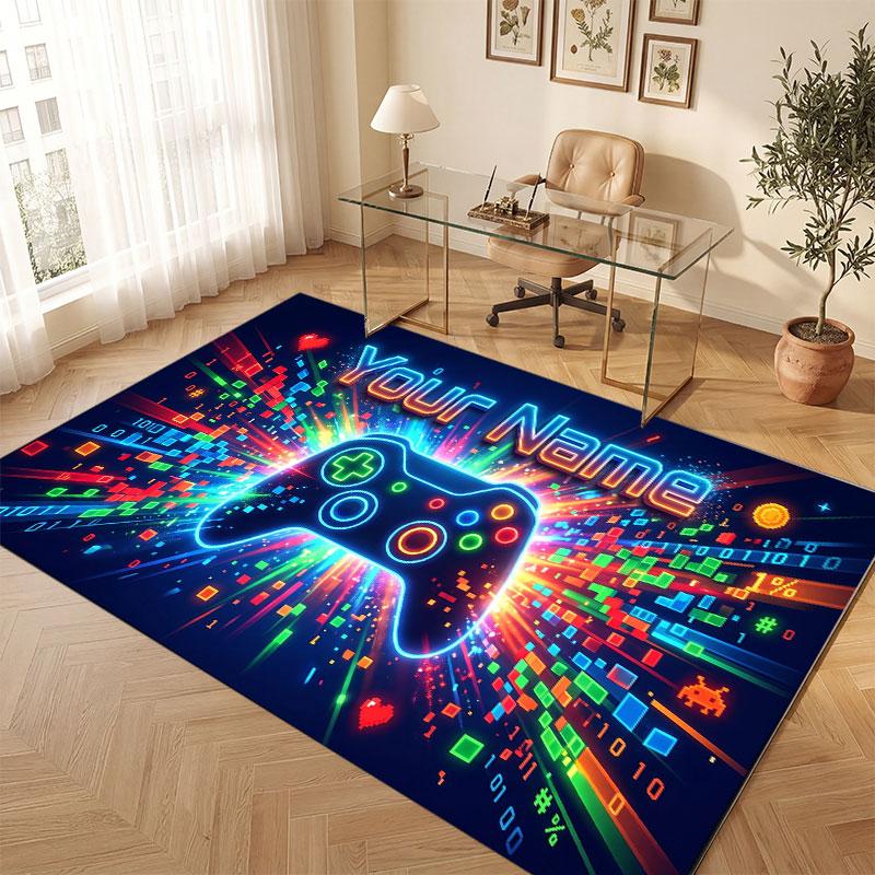 Tapis de sol en velours cristal thème manette de jeu Tapis chaud personnalisé avec nom texte Décoration de maison