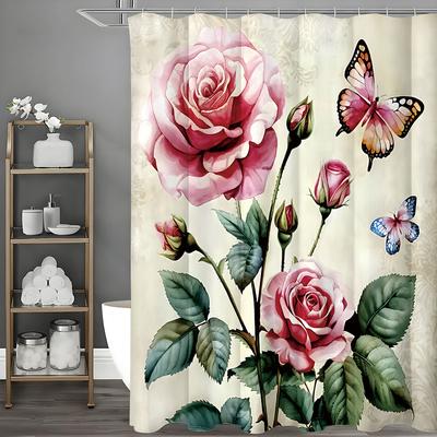 Rose Flower Butterfly Shower Curtain, Bathroom Decorative Shower Curtain, Waterproof Shower Curtain with Hooks