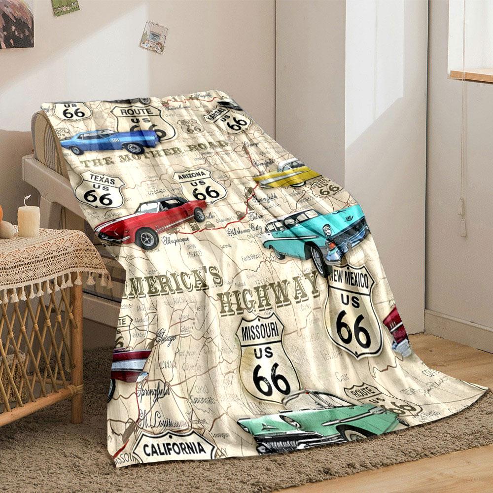 Route 66 Vintage Car Map Blanket Bedroom Blanket for Livingroom Couch Lunch Break Soft Throw for Friend's Festival Gift