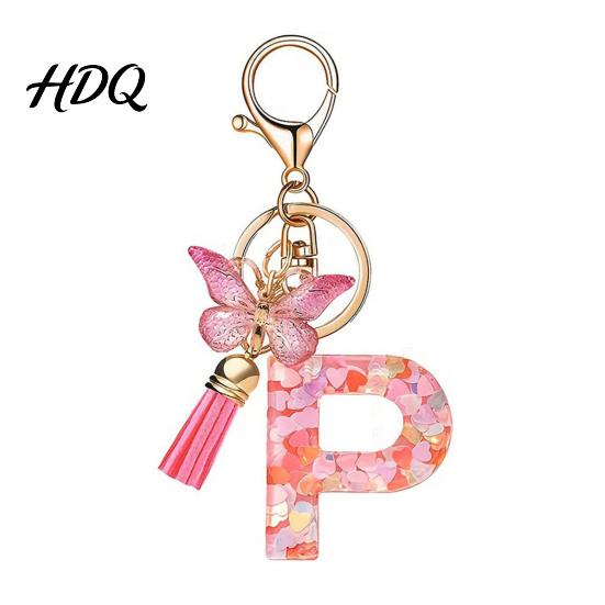 Compact Keychain Pink Series Pendant Sequins Heart Initial Letter Charm Key Chain