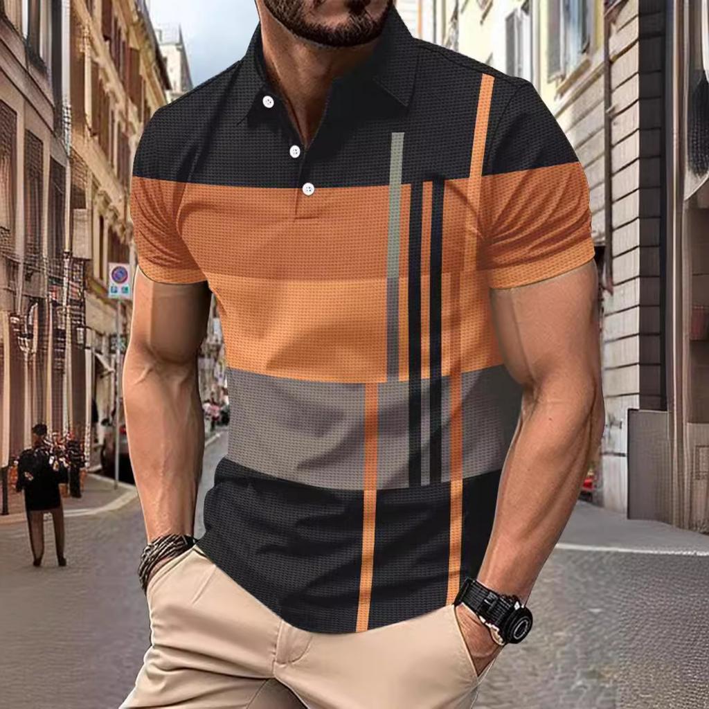Summer Men's Daily Casual Stripe Printed Lapel Short Sleeve Polo Shirt Top
