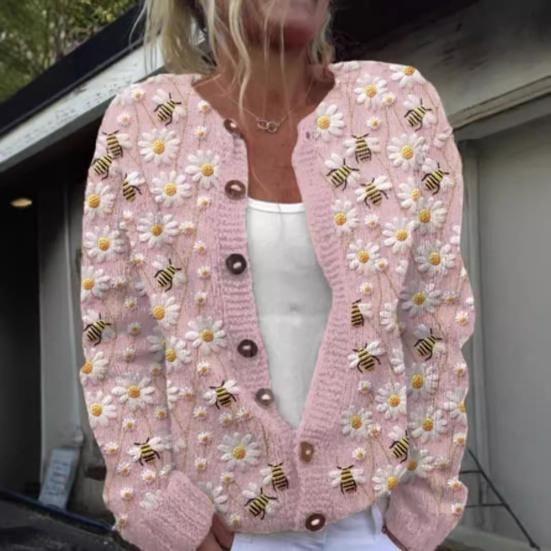Women Sweater Cardigan Round Neck Long Sleeve 3D Flower Pattern Button Up Knit Jacket Thickened Warm Fall Winter Tops