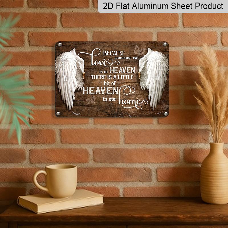 2D Flat, 1pc "A Little Bit of Heaven In Our Home" Aluminium Metal Wall Decor Sign - 8"x12" Memorial Bereavement Decor, Angel Wings & Butterfly Wall
