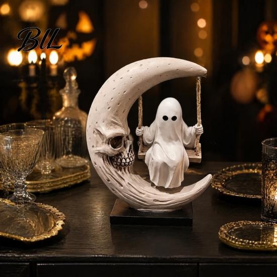 Retro Gothic Decor Halloween Ghost Swing Figurine, Spooky On A Moon Statue, Figurine Resin Home Decoration for Desktop, Mantel, Fireplace, Indoor
