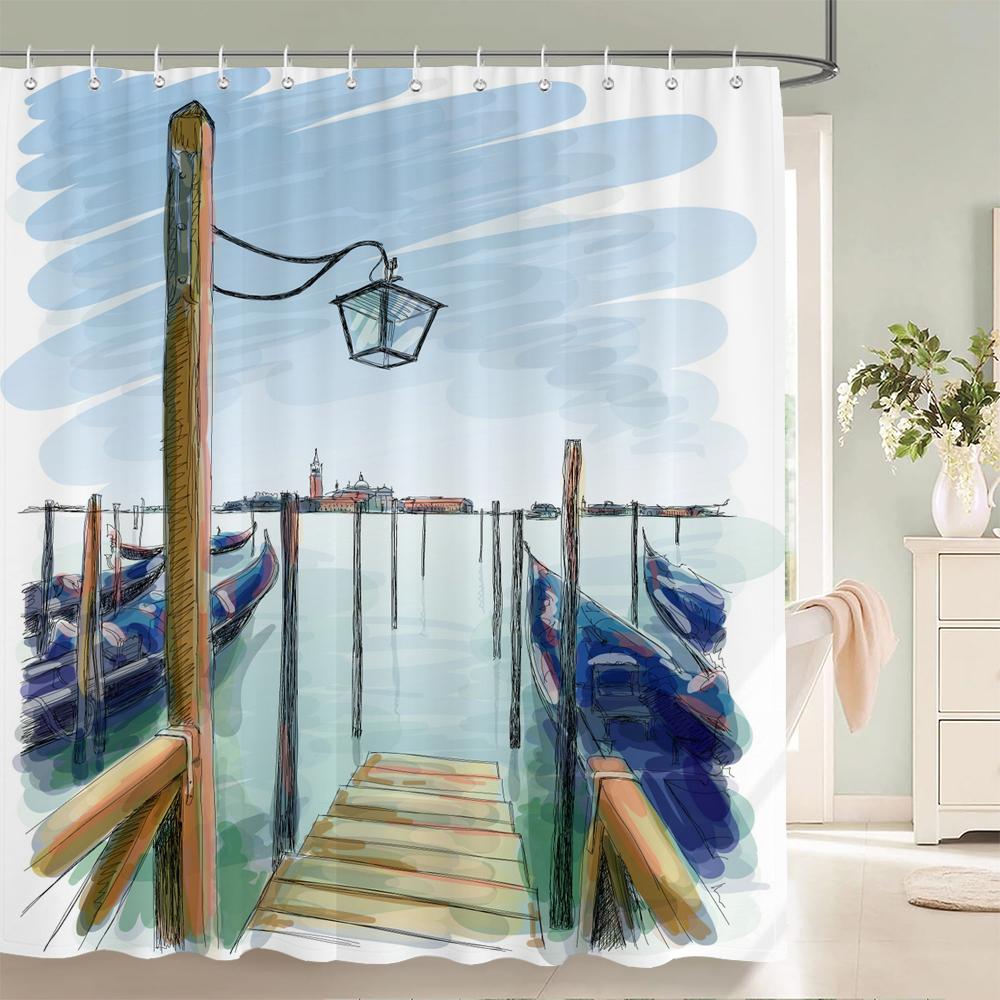 1 Pcs Shower Curtain Simple Art Painting Scenery Bathroom Curtain Polyester Fabric Waterproof Home Decoration Curtain
