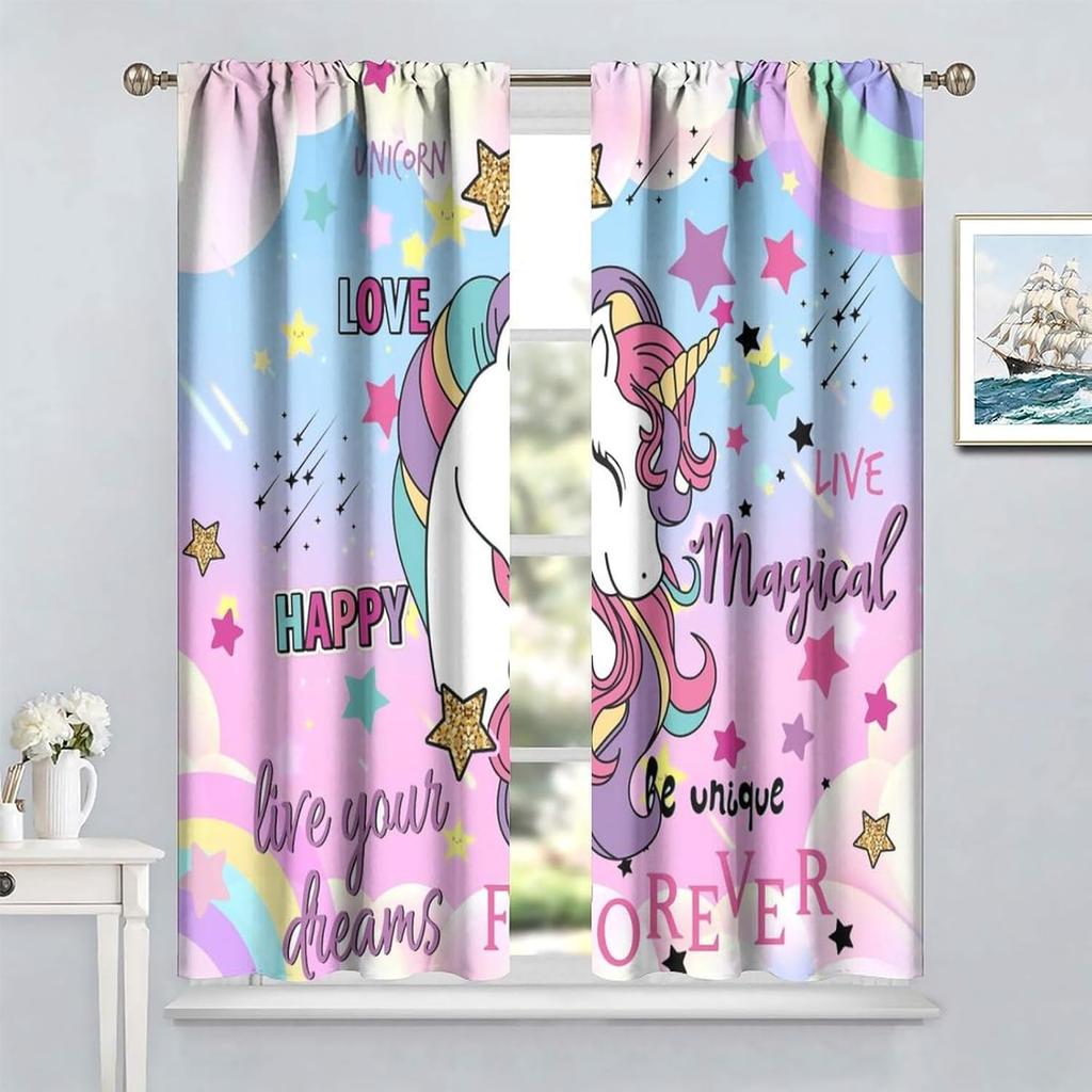Unicorn Curtains for Kids Room, Colorful Cute Cartoon Rainbow Unicorn Clouds Stars Print Rod Pocket Window Treatments Drapes for