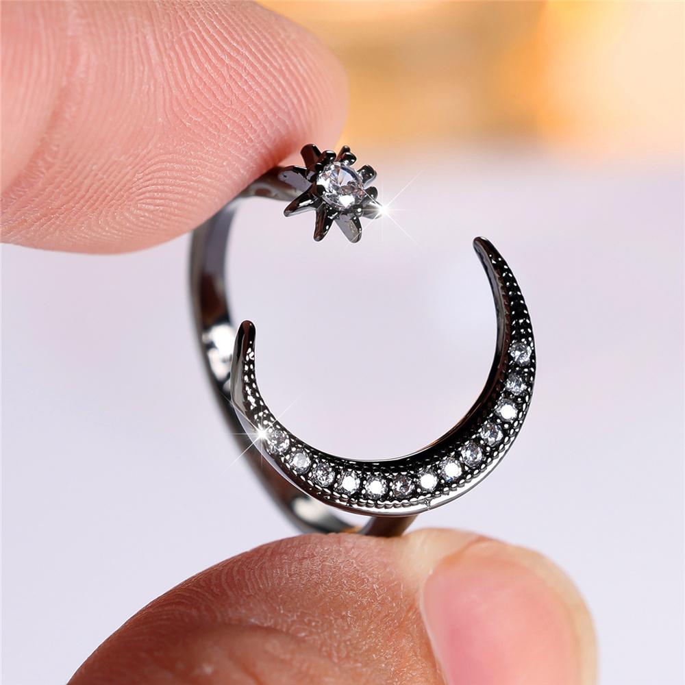 Charm Vrouwelijke Kristallen Maan Ster Open Ring Zwart Goudkleurig Vintage Bruiloftssieraden Voor Vrouwen