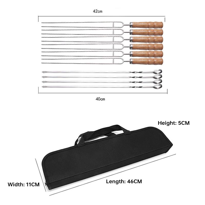 10 PCS/Set Stainless Steel Wire BBQ Skewers Wood Handle Grill Roasting Sticks Outdoor Camping BBQ Tools Storage Bag Kit