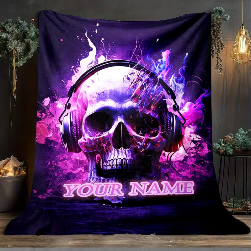 1PC Custom Name Skull Headphones Artwork Outdooor Flannel Blankets Patterns Throw Blanket All-Season Soft Gift for Couch, Bed, Camping Gifts