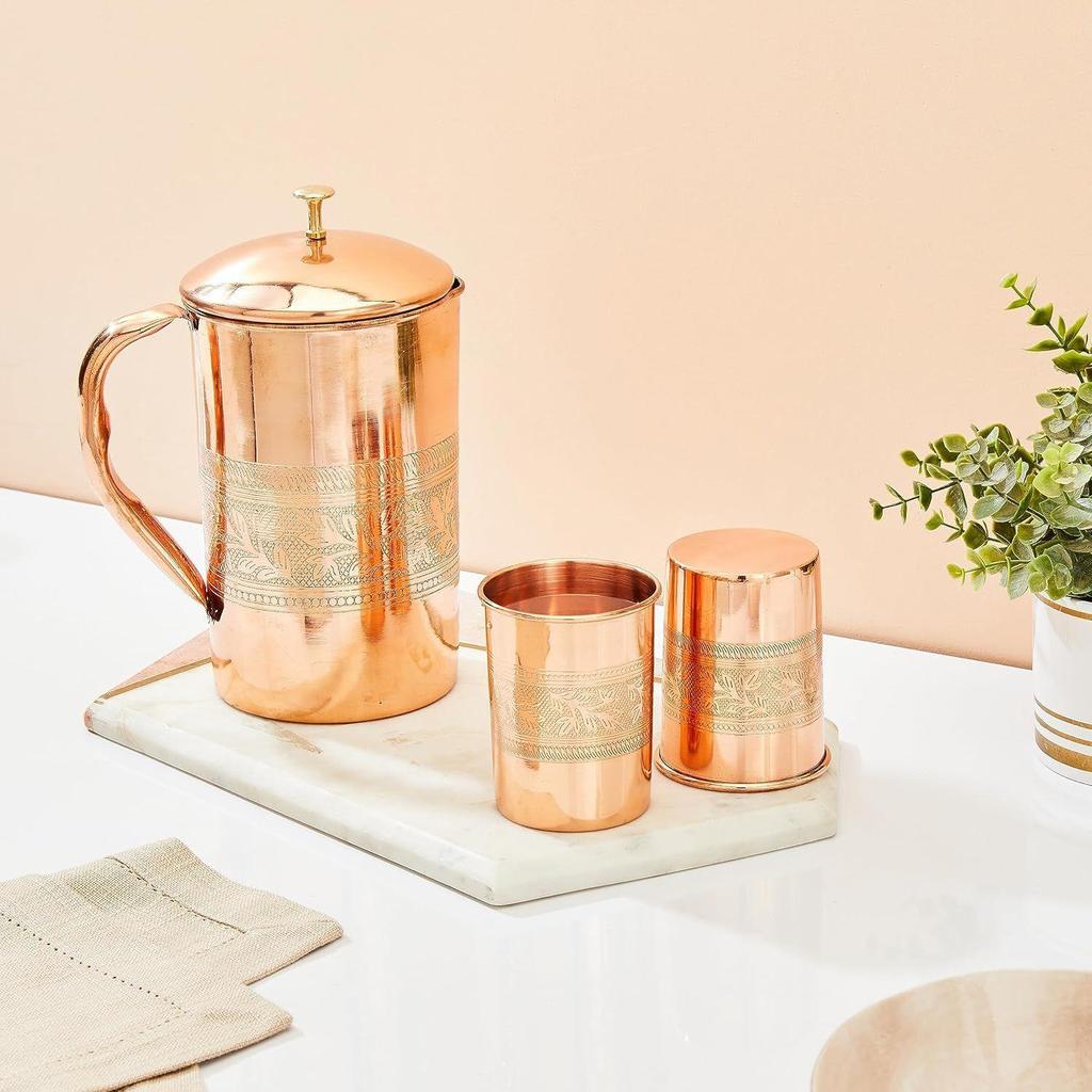 Embossed Copper Jug with 2 Copper Embossed Glasses| Copper