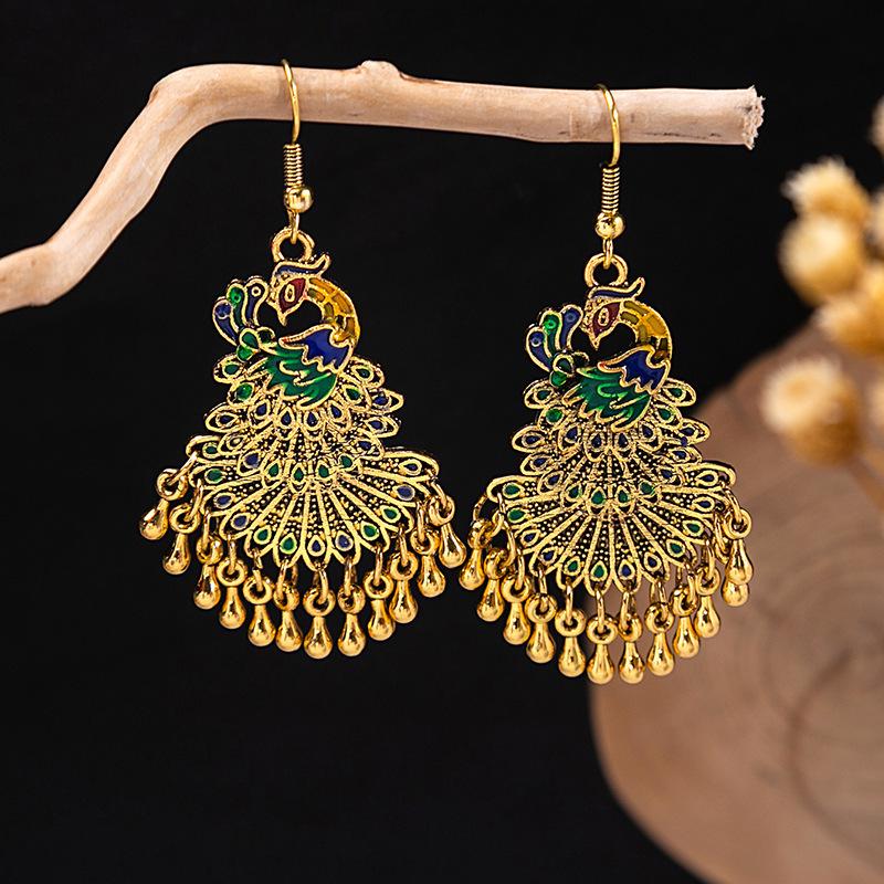 Turquoise Bohemian Owl & Palm Bronze Carved Dreamcatcher Earrings for Women