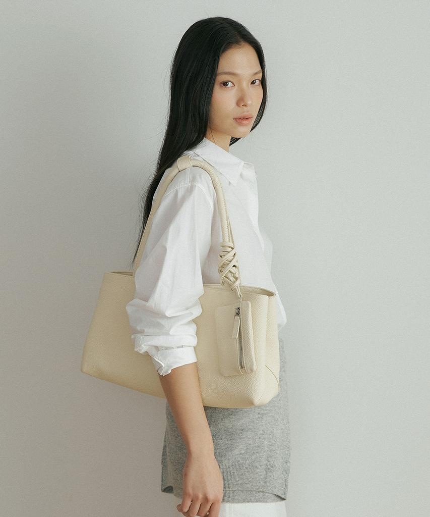 Lingseoul Cow Leather Wide Shoulder Bag-Cream