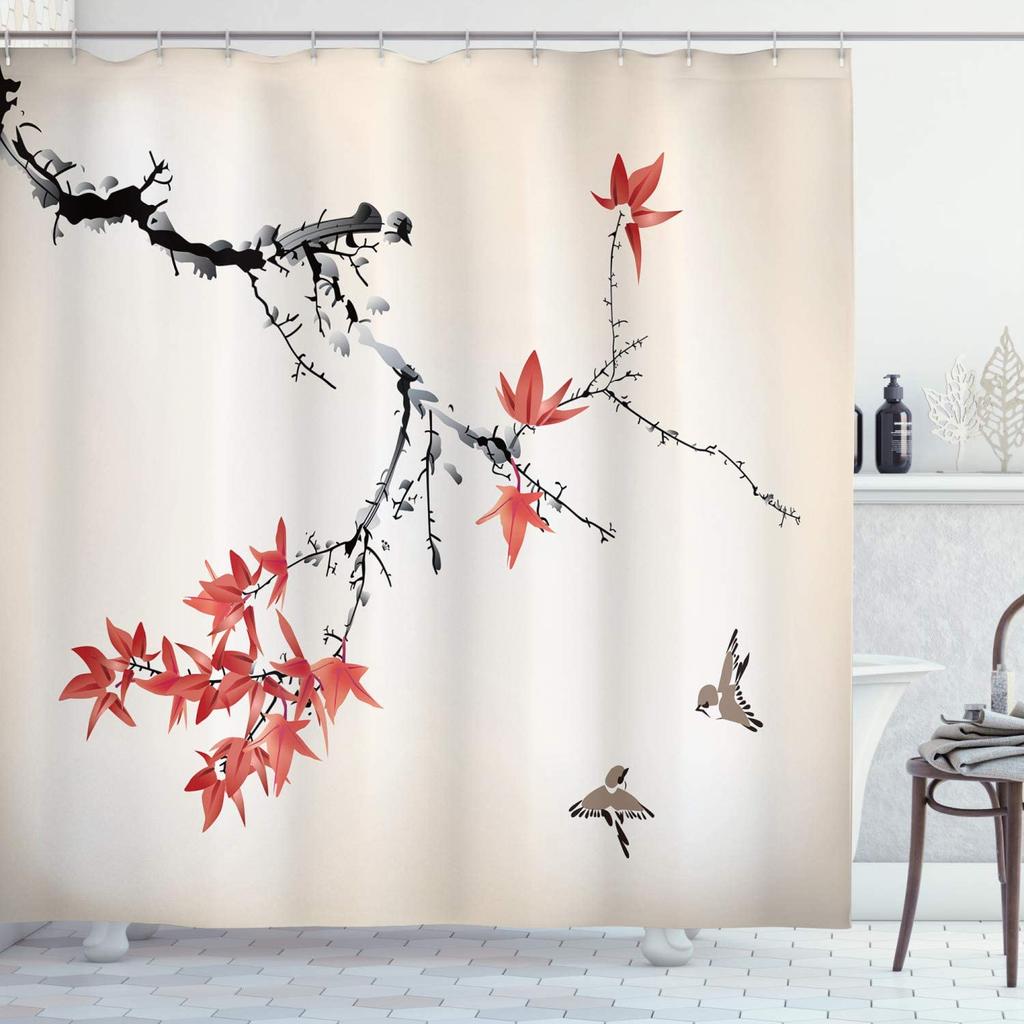 Ink Plant Flowers Shower Curtain Red Plum Japanese Cherry Blossom Bath Curtains Watercolor Print Modern White Bathroom Decor Set