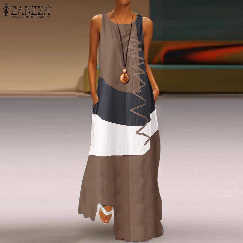 ZANZEA Retro Women Sleeveless O-Neck Vintage Patchwork Long Dresses