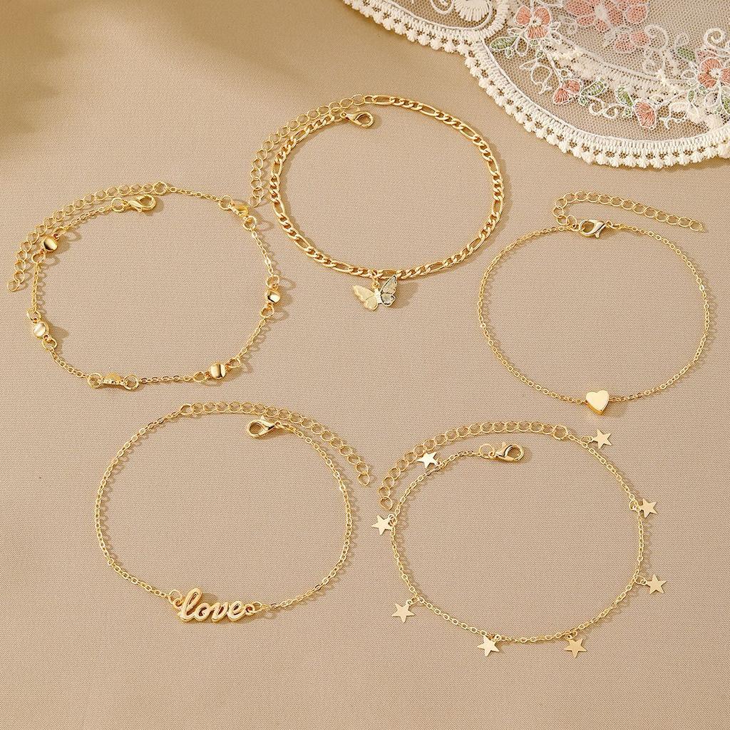 European and American Five-pointed Star Butterflies LOVE Ankle bracelet5Set of Vintage Metal Fashion Layered Anklets
