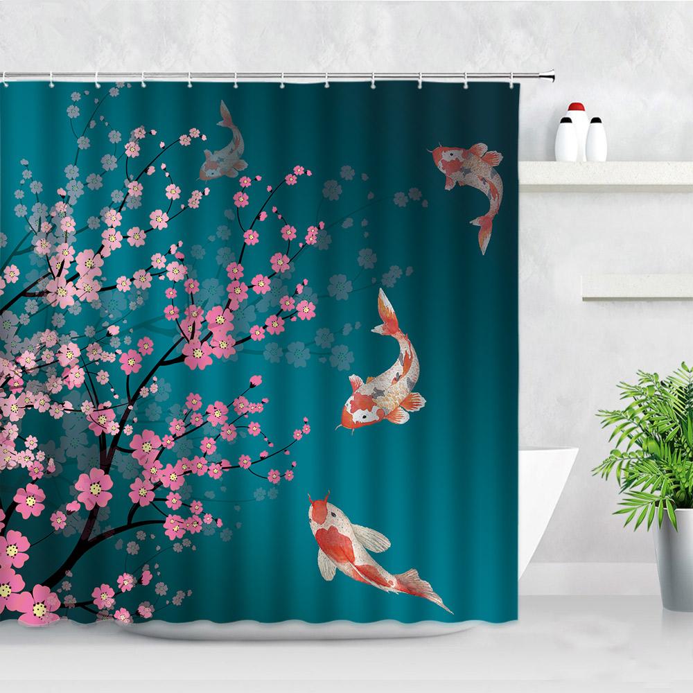 Ink Plant Flowers Shower Curtain Red Plum Japanese Cherry Blossom Bath Curtains Watercolor Print Modern White Bathroom Decor Set