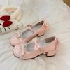Fashion Plus Size Women's Shoes Round Toe Shallow Mouth Bow Mary Jane Small Leather Lace Fashion Square Heel Single Shoes