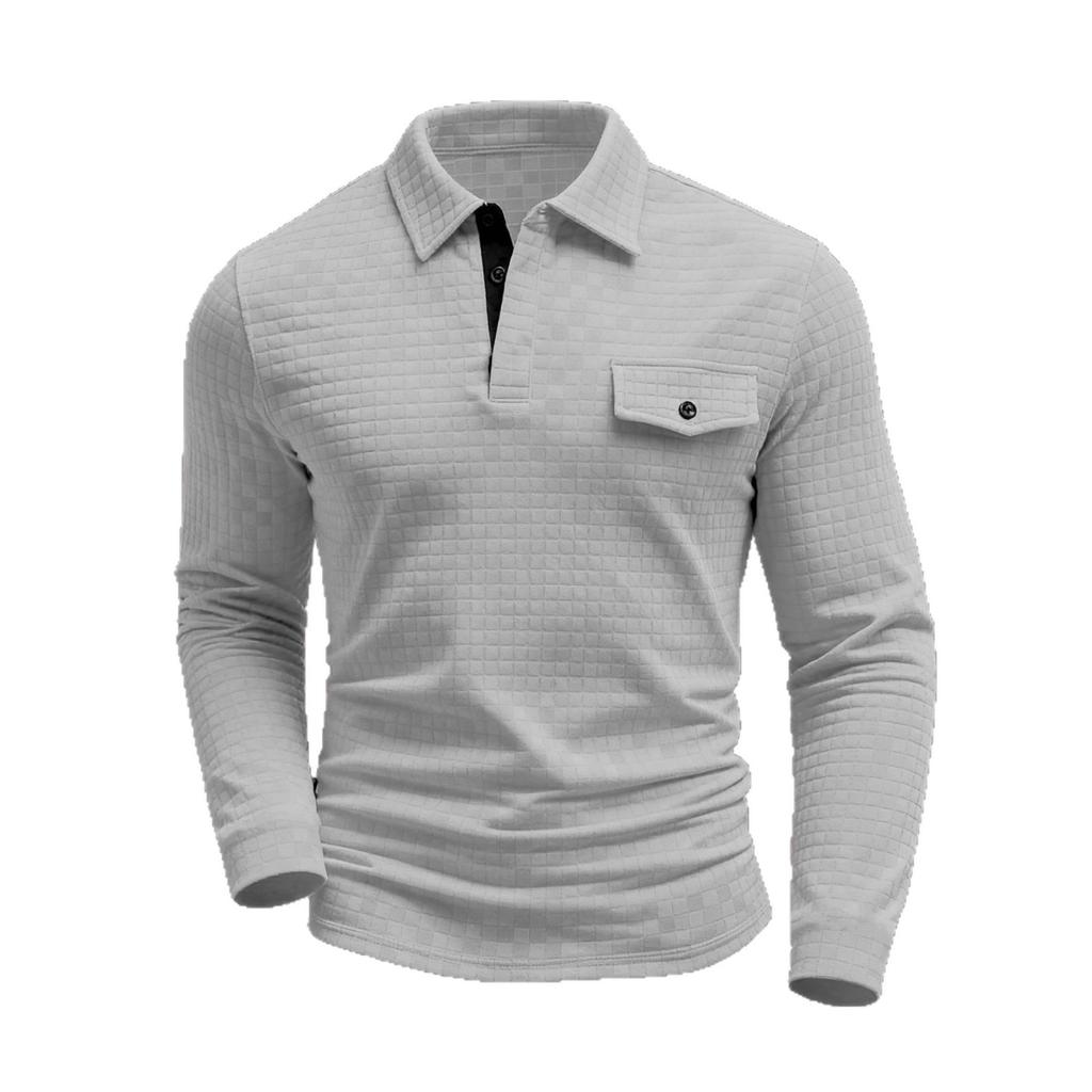 Spring Men's Long Sleeve Plaid Polo Shirt Button Pocket Sports Polo Shirt