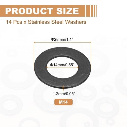 PATIKIL M14 Flat Washers, Stainless Steel, 14-Piece Set, M14x28x1.2mm, 304 Stainless Steel, Black, for Car, Furniture, and Machine Repairs