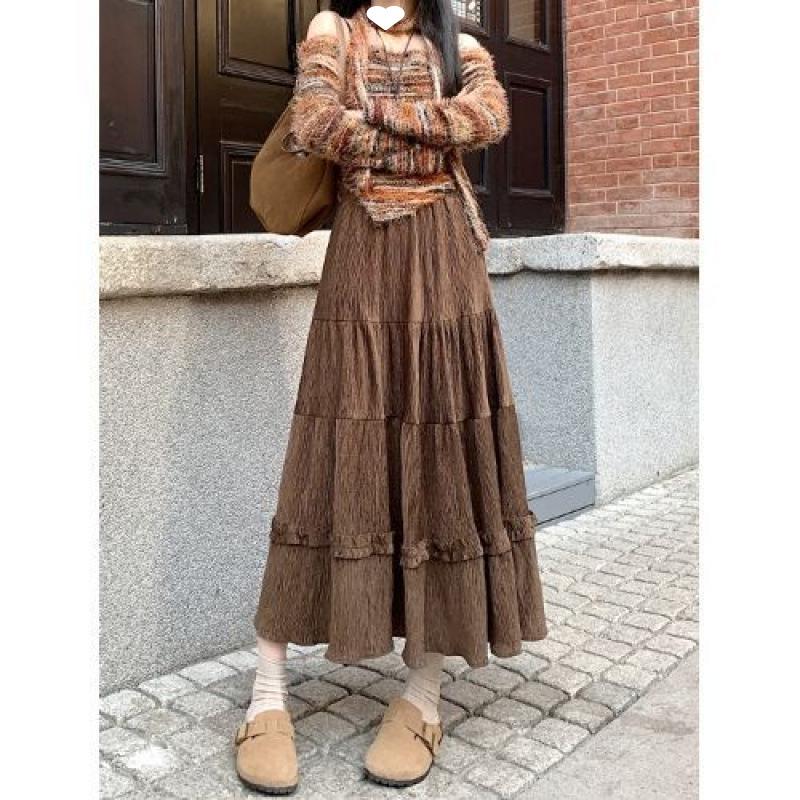 Women's High Waist Corduroy A-Line Mid-Length Skirt with Lace - Autumn/Winter 2025
