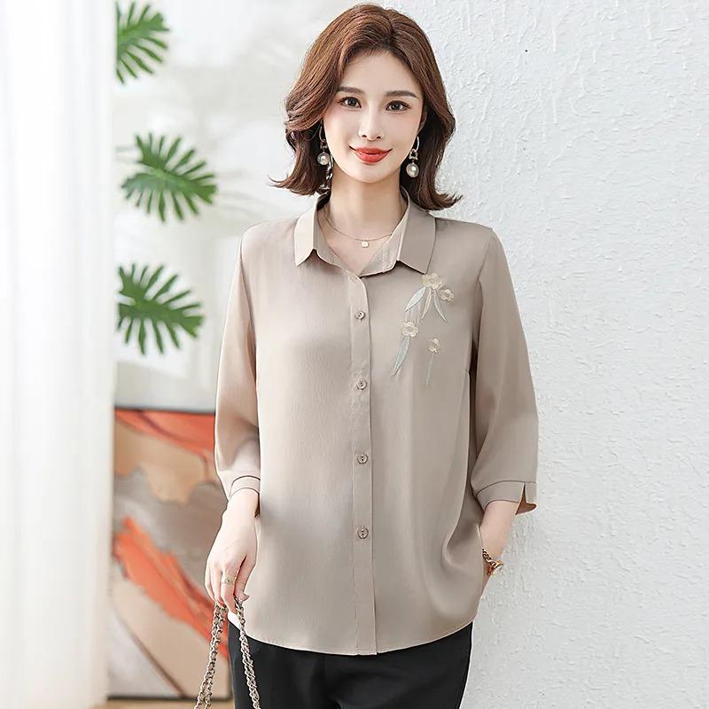 Damen lila bestickte Bluse mit 3/4-Ärmeln und Knopfleiste