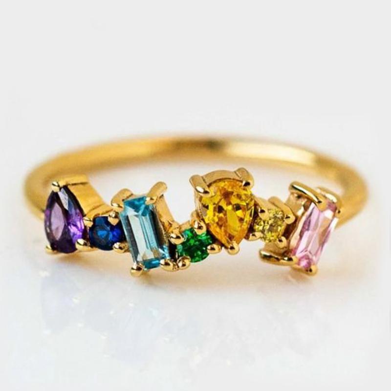 Huitan Trendy Rainbow Rings for Women Paved Geometric Colored Cubic Zirconia Modern Design Wedding Band Party Jewelry Fancy Gift