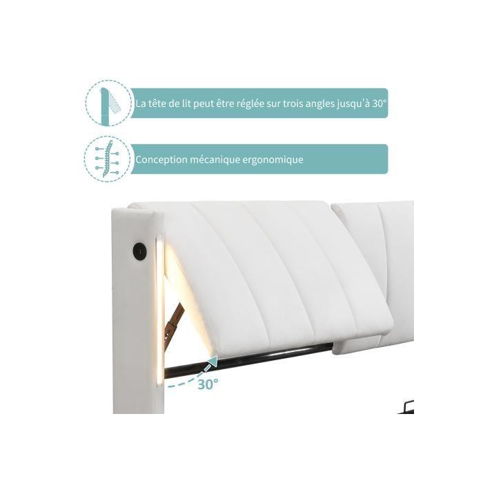 Upholstered Bed - MUVOE - Binaural LED - 140x190 Cm - Integrated LED - USB Port - Angle Adjustment 0–30°