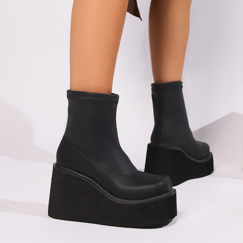 Dames Laarzen Herfst Winter Mode Wedges Korte Mid Laarzen Dames Platform Sexy Zwarte Ronde Kop Elastische Laarzen Goth Schoenen voor Dames