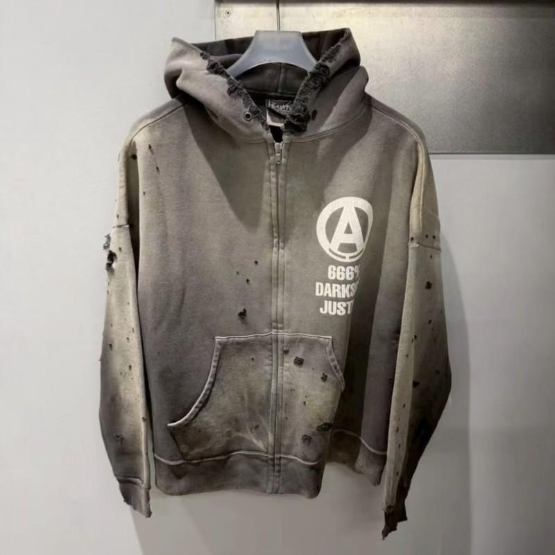 Mens Washed Distressed Hoodie With Zipper Ripped Details Cotton Blend Streetwear Sweatshirt Fall