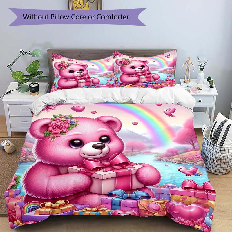 3-teiliges rosa Teddybär-Bettwäsche-Set - Enthält einen Bettbezug und zwei Kissenbezüge (Kein Kern) - Heimdekoration, Festivalgeschenk, Polyesterstoff, Ani
